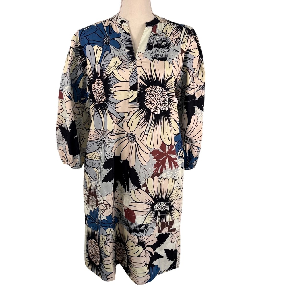 Maude Vivante Freya Outline Florals Cotton Split‎ Neck Tunic Shift Dress XL  New